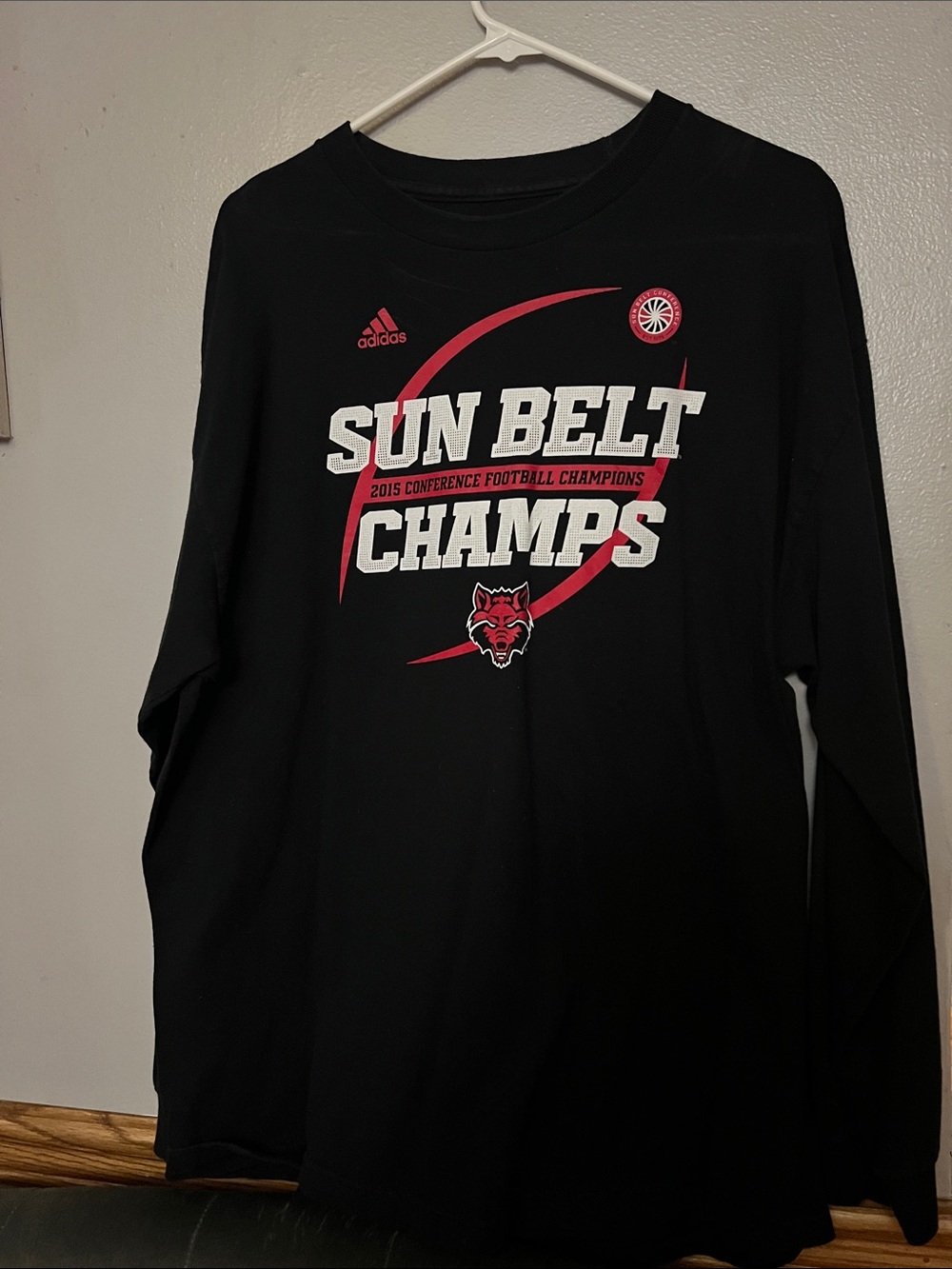 adidas Black Long Sleeve Sun Belt Champs Tee with Red Accents